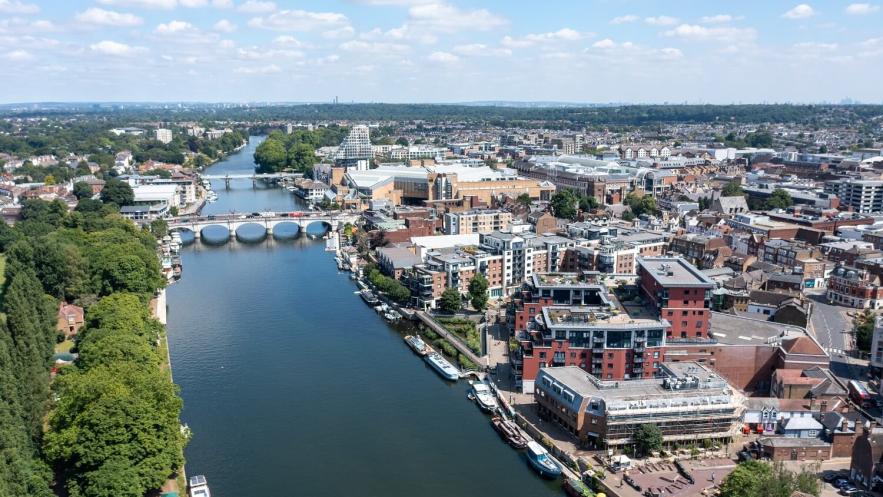 Arial photo of Kingston town centre and river