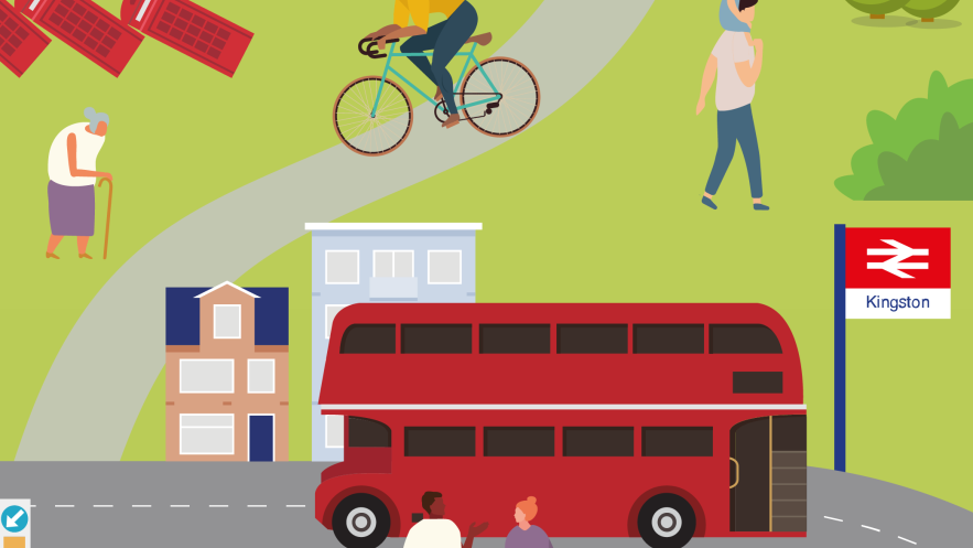 Cartoon depiction of Kingston with a red double decker bus