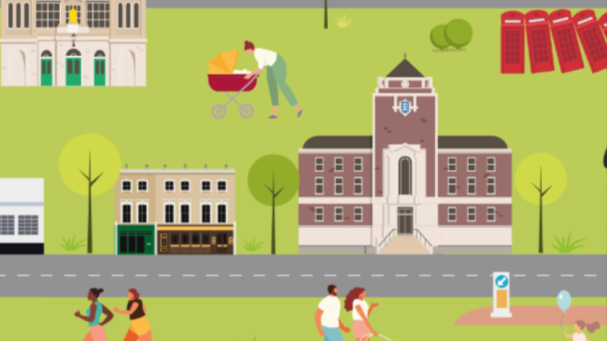 Cartoon depiction of Kingston showing the Guildhall 